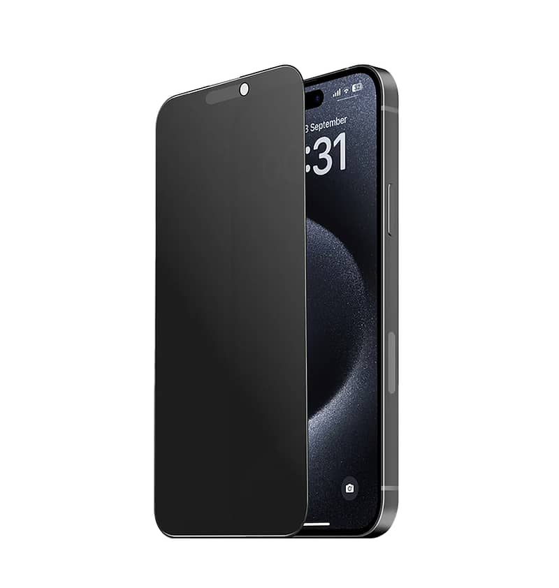 Black Privacy Tempered Glass for iPhone 15 Pro, secure and anti-glare protection