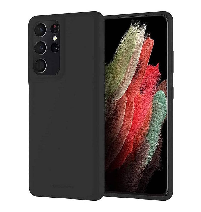 Black Mercury soft-touch silicone cover for Galaxy S21 Ultra.