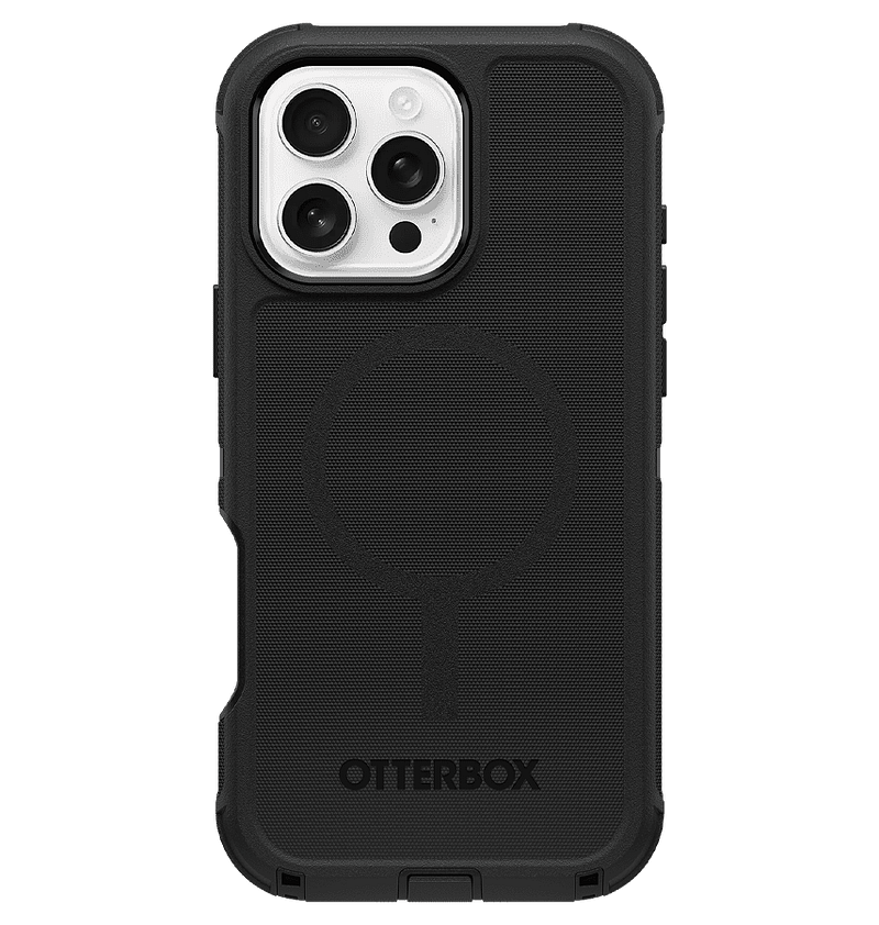 Black Otterbox Defender MagSafe back cover for iPhone 16 Pro Max, ultimate drop protection.