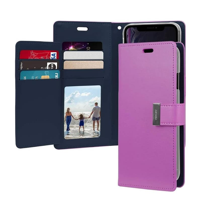 Purple/Navy Mercury Rich Diary Flip Wallet Case for iPhone 16, stylish and secure