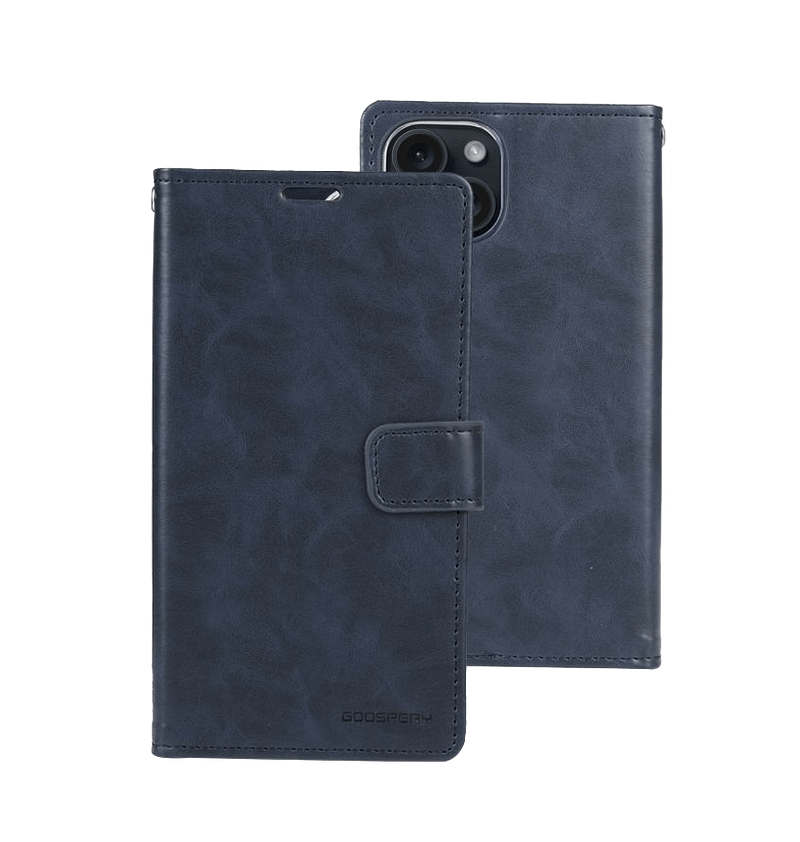 Navy Mercury Bluemoon Diary flip wallet case for iPhone 13/14/15/16e, stylish and functional