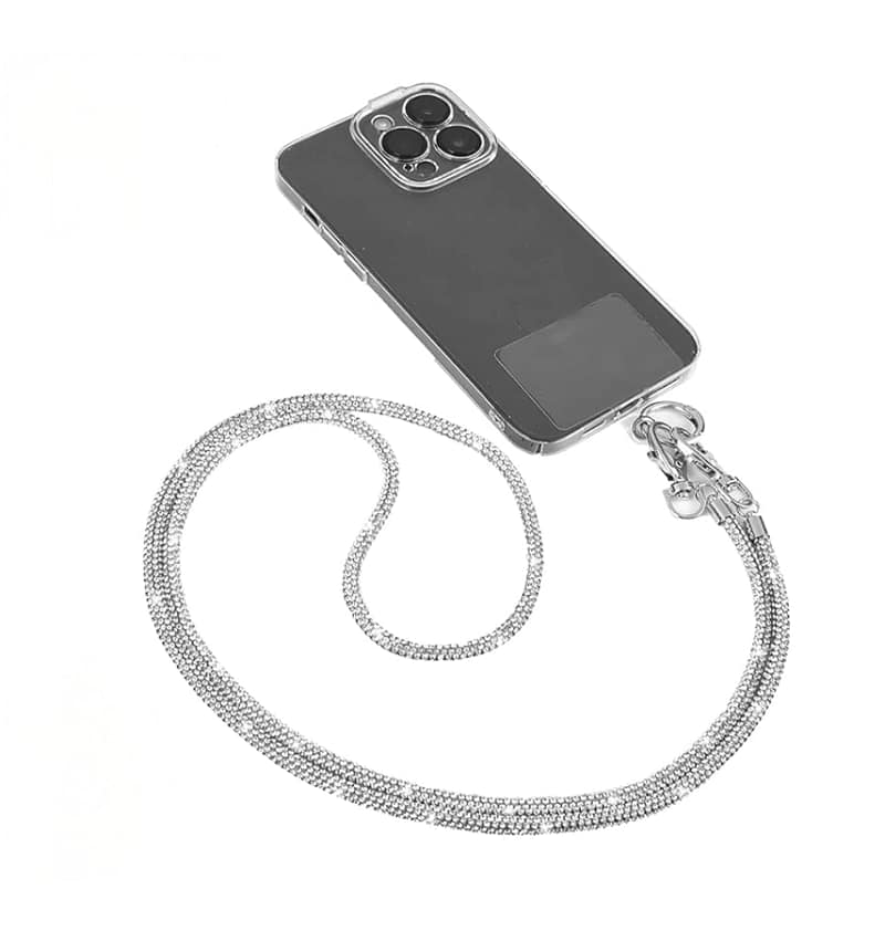 Universal Phone Lanyard with Artifical Diamonds – Stylish Silver Strap for Phones & Cases