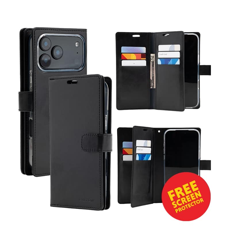 iPhone 17 Pro Diary Case – Black | Mercury BlueMoon MagSafe Wallet Design, Classic Look