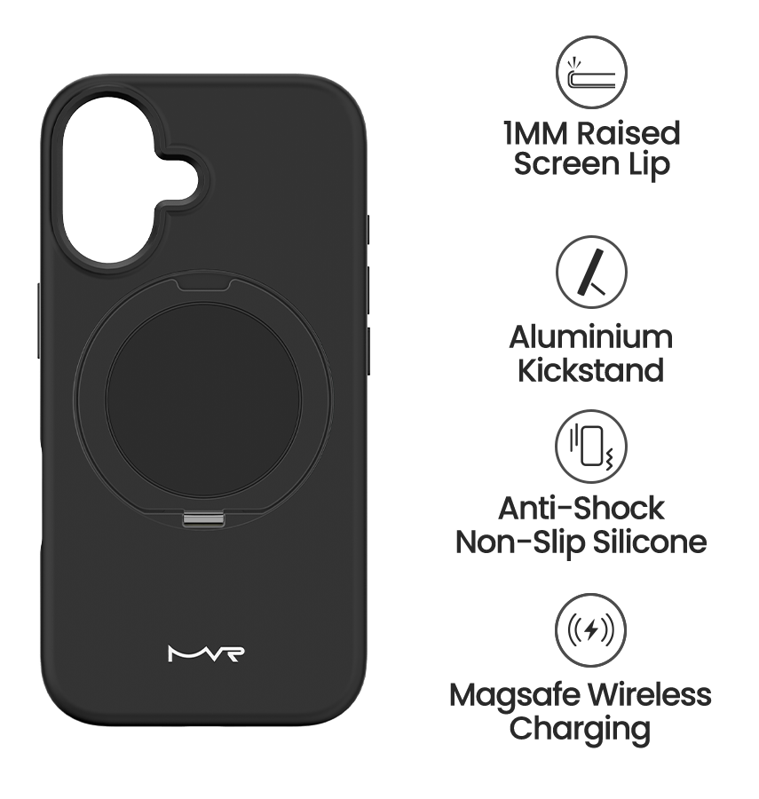 iPhone 16 MVR Liquid Silicone Stand Case - Black | Soft - Touch, Adjustable Kickstand - Image 5