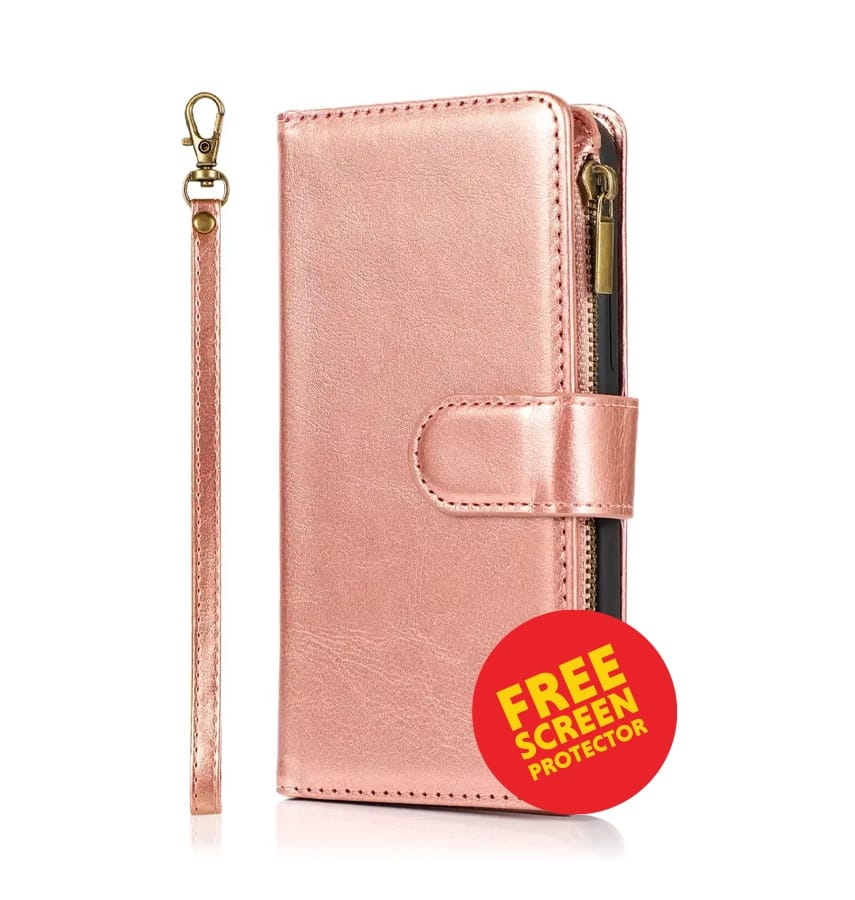 iPhone 17 Air Zipper Wallet Case – Rose Gold | Multi-Slot Leather Wallet, Zipper Closure, MagSafe Compatible
