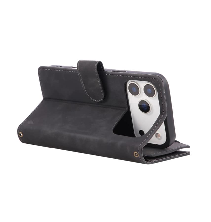 iPhone 17 Pro Max Zipper Wallet Case – Black | Multi-Slot Leather Wallet, Zipper Closure, MagSafe Compatible