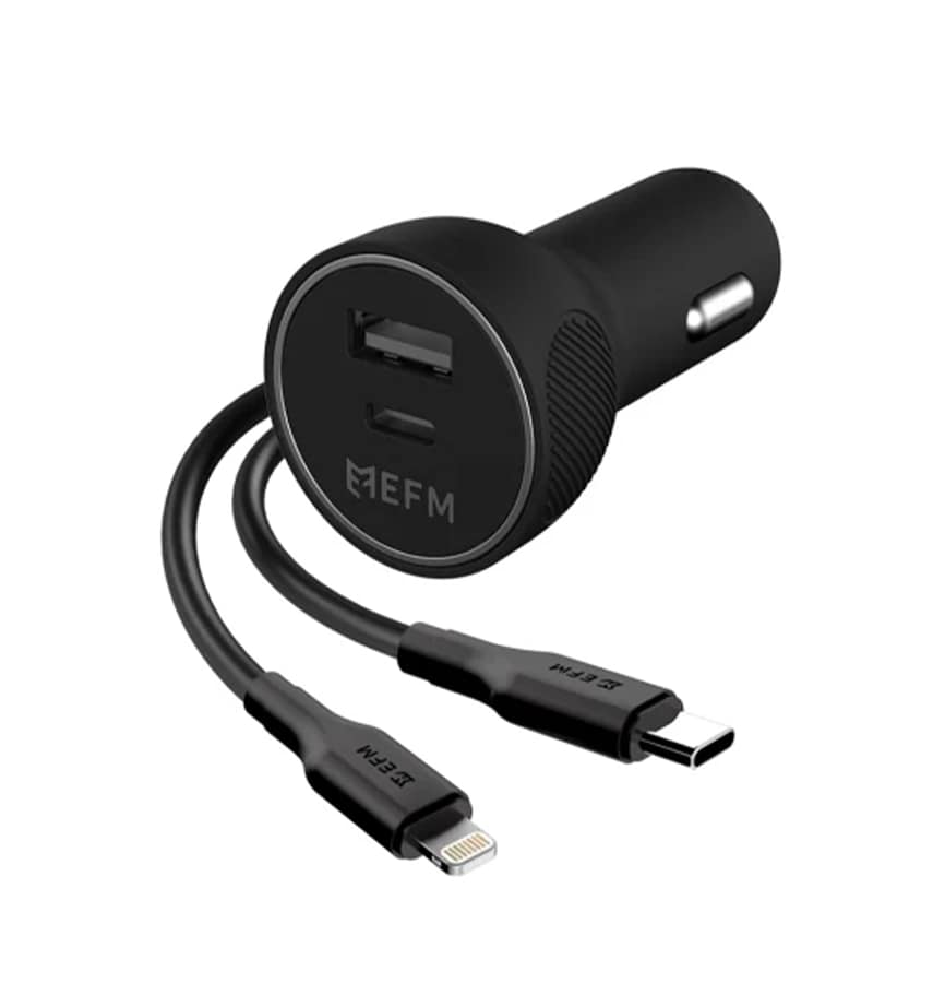 EFM 39W Dual Port Car Charger – Black | Type-C to Apple Lightning Cable 1M with Fast Charging & Compact Design