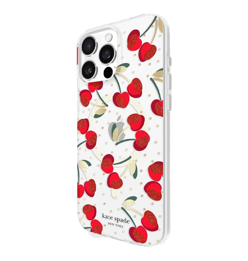 iPhone 16 Pro Max Cherry Dot MagSafe Case – Clear/Red & Gold | Kate Spade Protective Cover with Stylish, Slim & Durable Design