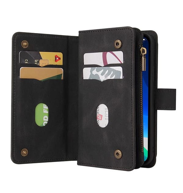 iPhone 15 Pro Max Zipper Wallet Case - Secure PU Leather Flip Cover with Magnetic Closure (Black) - Image 2