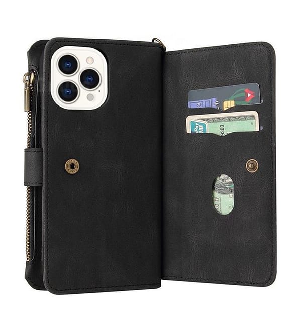 iPhone 15 Pro Max Zipper Wallet Case - Secure PU Leather Flip Cover with Magnetic Closure (Black) - Image 3