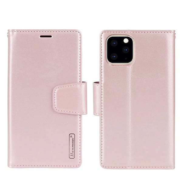 Rose Gold Hanman magnetic detachable leather flip wallet case for iPhone 13, premium and secure.
