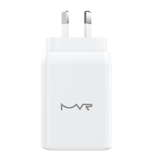 White 65W GaN wall adapter with 3 ports for fast, efficient charging on the go