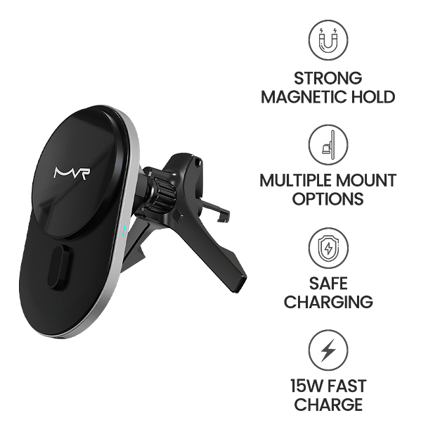 MVR T2 MagSafe Car Mount - 15W Qi Fast Charging | Glossy Black, Strong Magnetic Hold & 360° Adjustable - Image 7