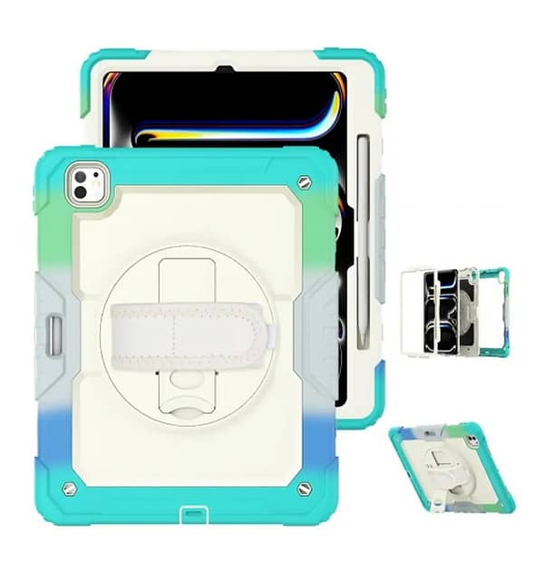 iPad Pro 11″ 2024 360° Survivor Case with Handle – Rainbow Blue Rotating Stand + Shockproof Design