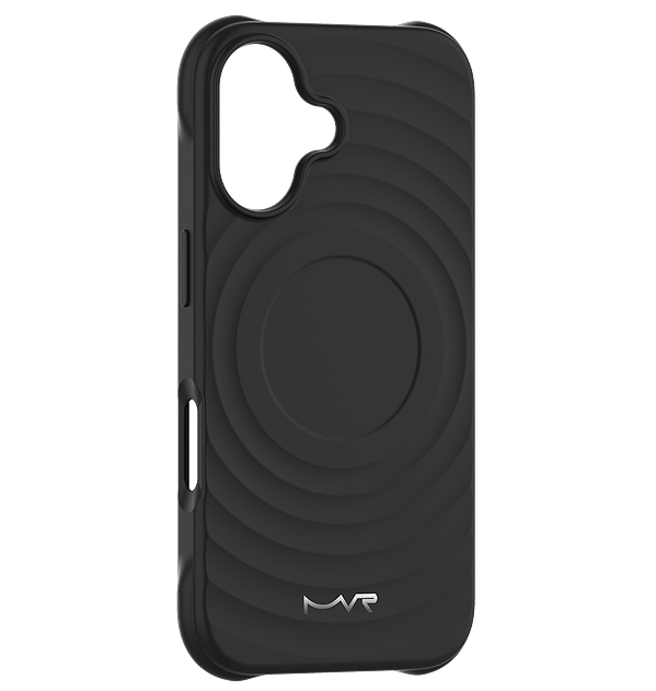 Black MVR Wave Silicone Back Cover for iPhone 16, durable and slim fit