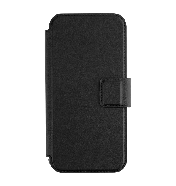 Black MVR Luxe-Guard MagSafe flip wallet case for iPhone 16 Pro Max, versatile and stylish.