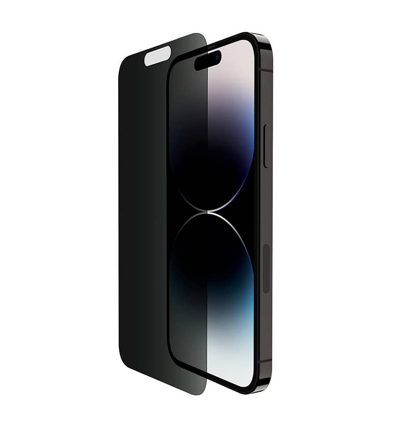 Black Privacy Tempered Glass for iPhone 14 Pro, secure and glare-free display.