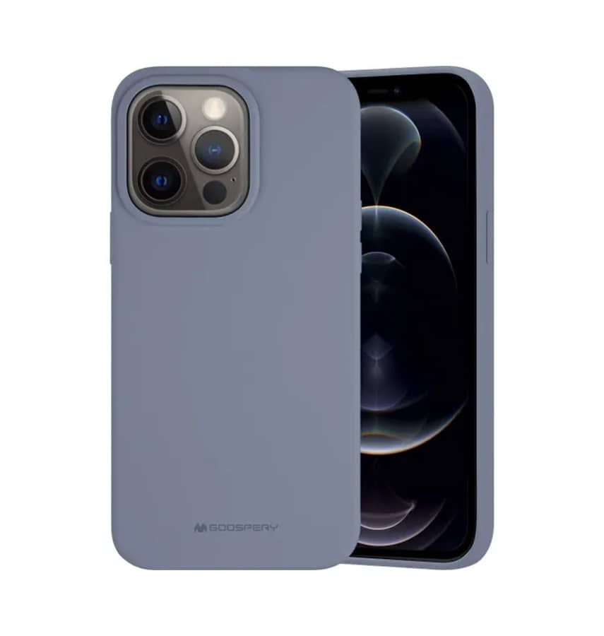 Grey Mercury Silicon Lavender Back Cover for iPhone 14 Pro, soft and stylish fit.