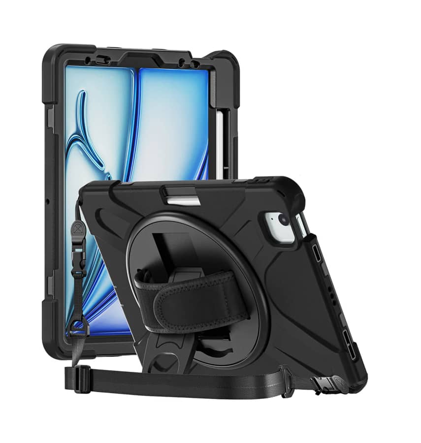 Black Survivor case with hand strap for iPad Air 4, durable and ergonomic protection