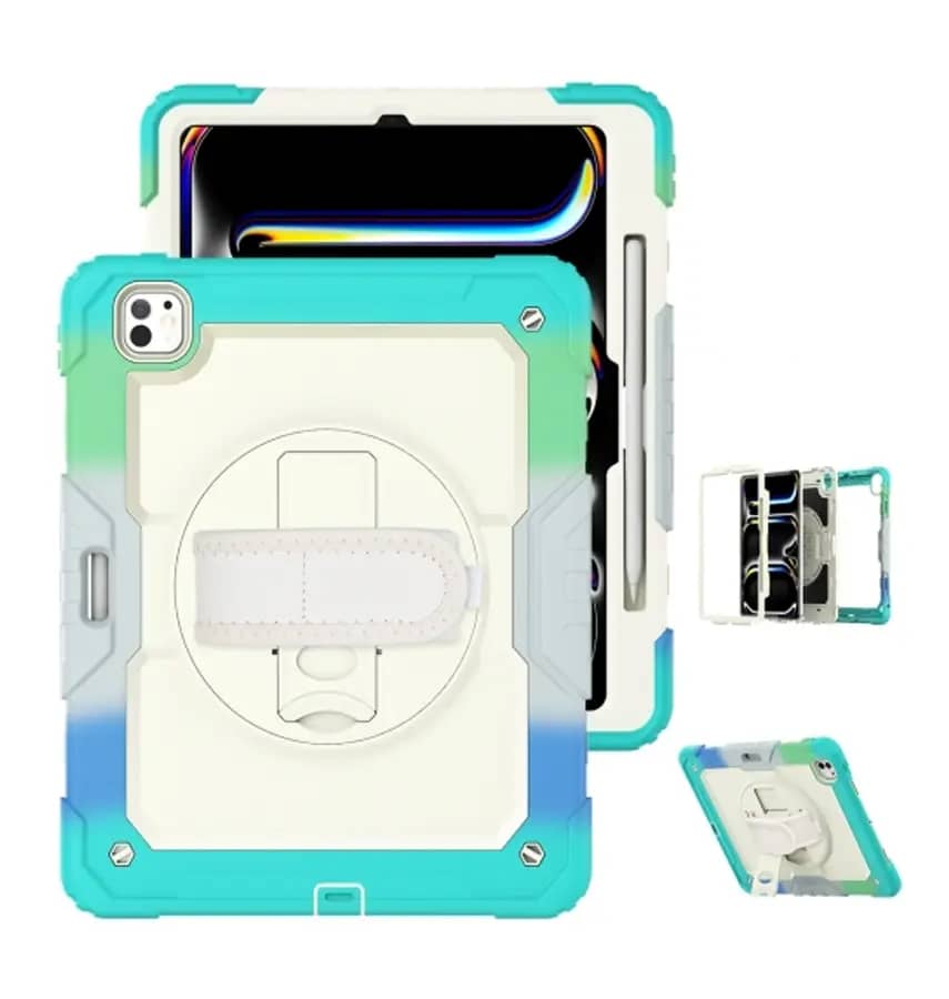 iPad Pro 11″ 2024 360° Survivor Case with Handle – Rainbow Blue Rotating Stand + Shockproof Design