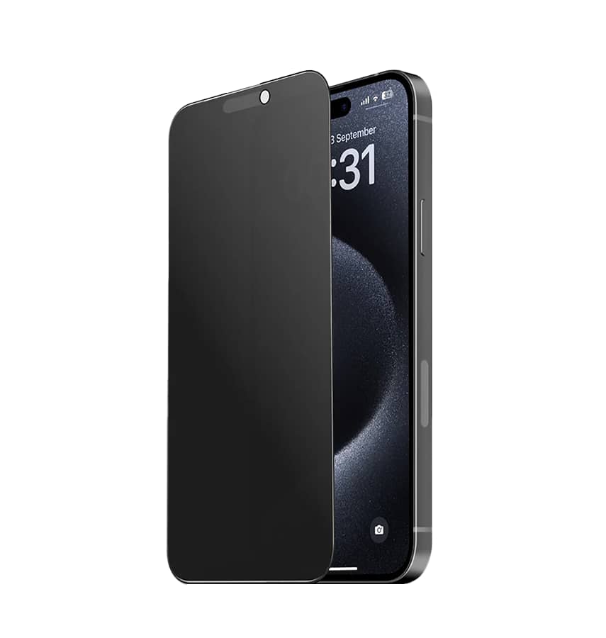 Black Privacy Tempered Glass for iPhone 15 Pro, secure and anti-glare protection