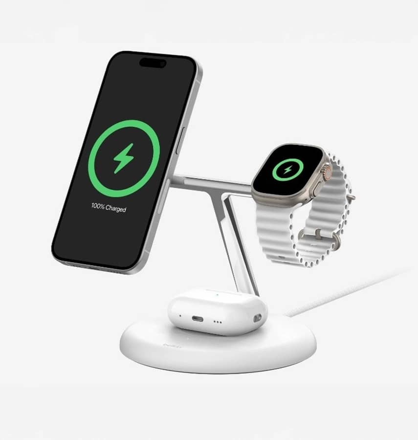 Belkin BoostCharge Pro 3-in-1 Magnetic Wireless Charging Stand with Qi2 15W White(WIZ023AUWH), 36W Power Supply With Attached USB-C Cable