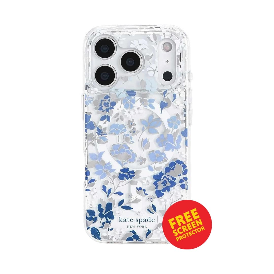 iPhone 17 Pro MagSafe Case – Clear/Blue | Kate Spade Flowerbed Design, Slim Fit, MagSafe Compatible