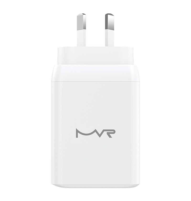 White 65W GaN wall adapter with 3 ports for fast, efficient charging on the go