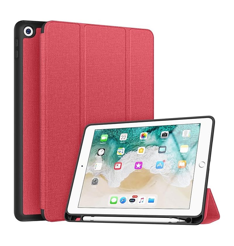 Red/Black Canvas Smart case with pen slot for iPad 9.7, bold and practical fit