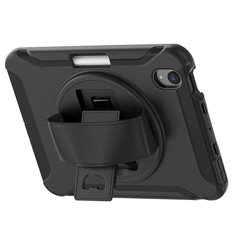 Black Survivor case with hand strap for iPad 10.2, secure and rugged design