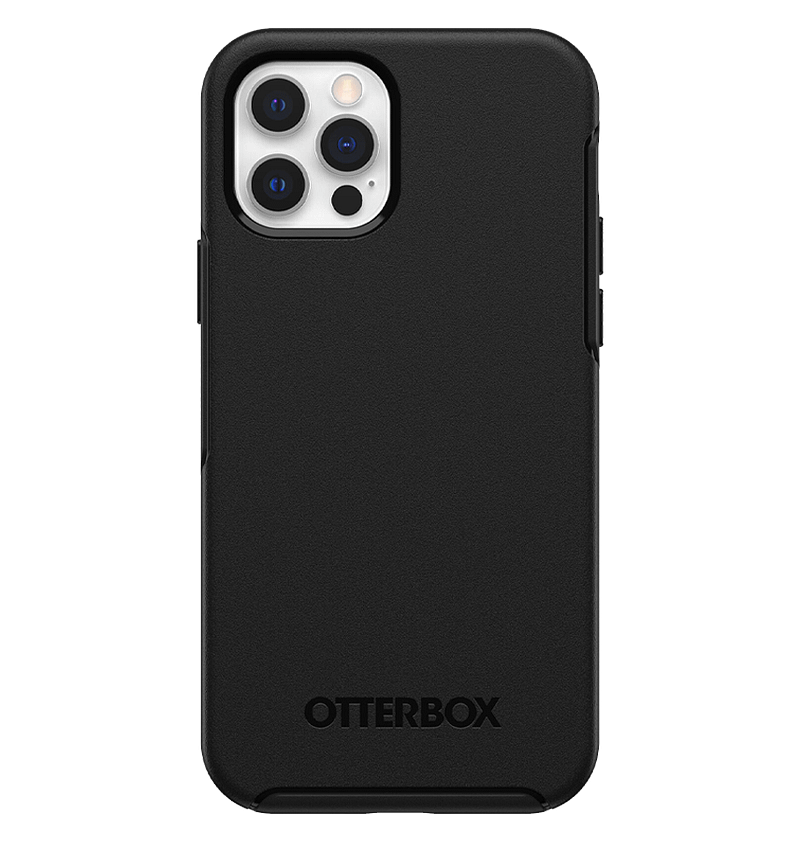 Black Otterbox Symmetry back cover for iPhone 12/12 Pro, rugged and reliable fit.