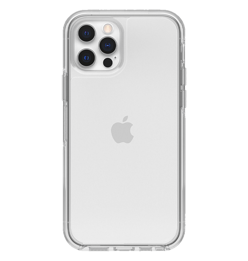 Clear Otterbox Symmetry back cover for iPhone 12/12 Pro, slim and durable design.