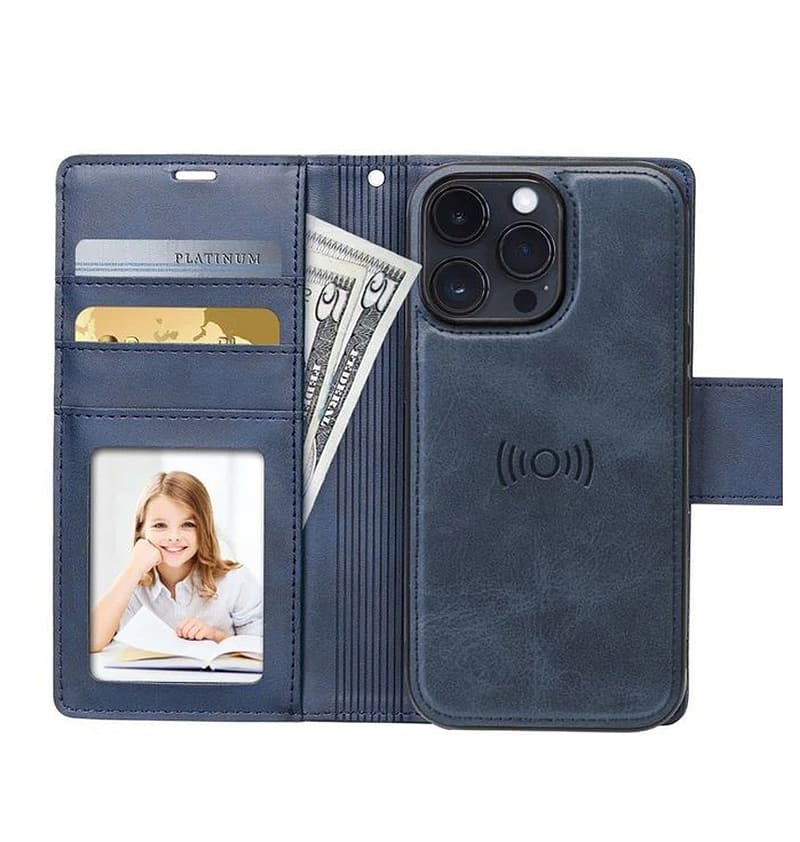 Navy Magnetic Detachable Leather Flip Wallet Case for iPhone 16 Pro