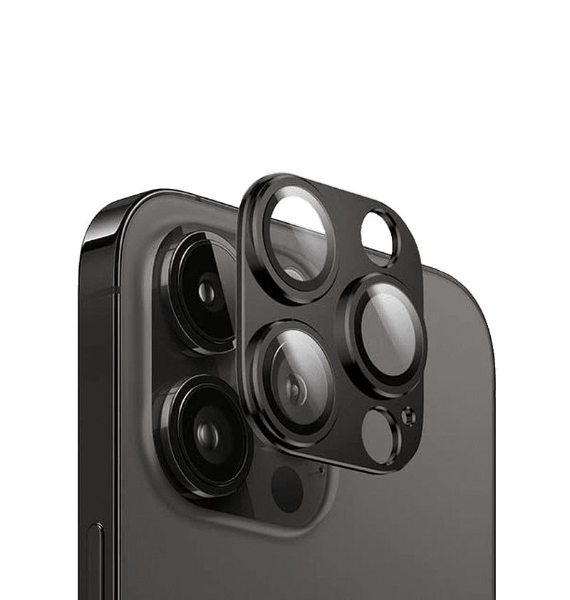 Black Alloy Camera Lens Protector for iPhone 14/14 Plus, durable and sleek design.