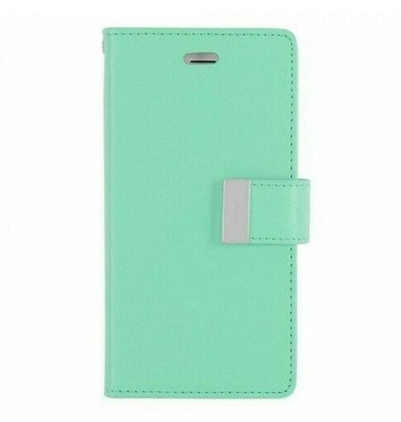 Mint/Navy flip wallet case for iPhone 14 Pro Max, premium and secure closure