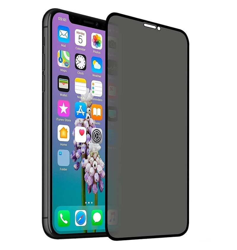 Black privacy tempered glass for iPhone X/Xs/11 Pro, protects screen from prying eyes.