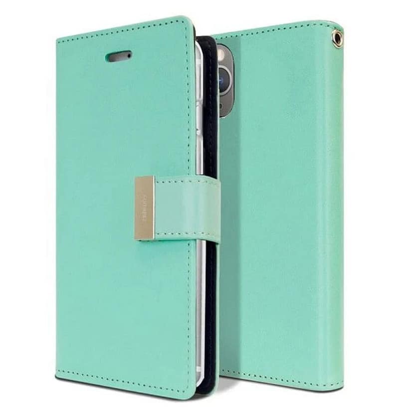 Mint/Navy Mercury Rich Diary Flip Wallet Case for iPhone 15 Plus, modern and versatile design