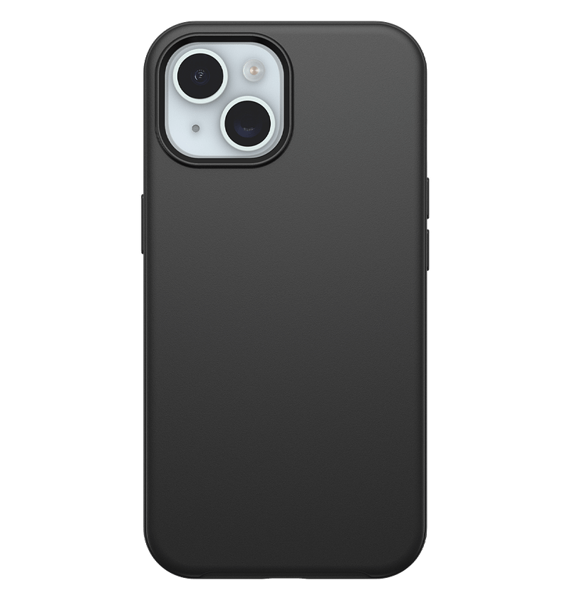 Black Otterbox Symmetry Plus MagSafe back cover for iPhone 15 Plus, durable protection.