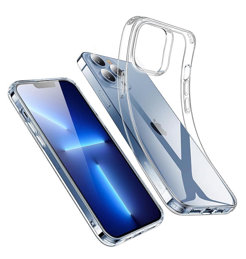 Clear generic soft back cover for iPhone 13 Pro, smooth and slim design.