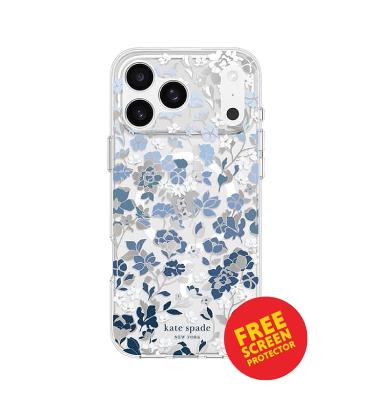 iPhone 17 MagSafe Case – Clear/Blue | Kate Spade 3D Floral Design, Scratch-Resistant, MagSafe Compatible
