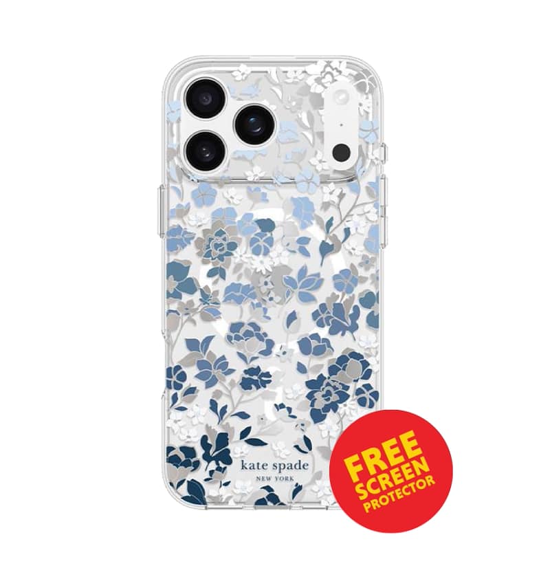 iPhone 17 Pro Max MagSafe Case – Clear/Blue | Kate Spade Floral Stylish Floral Design, Slim Fit, MagSafe Compatible