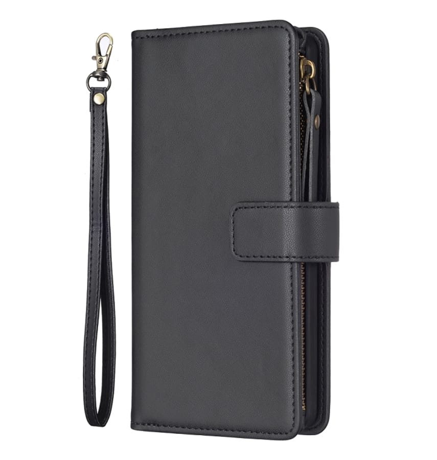 Black zipper wallet flip case for iPhone 13/14/15/16e, secure and stylish design