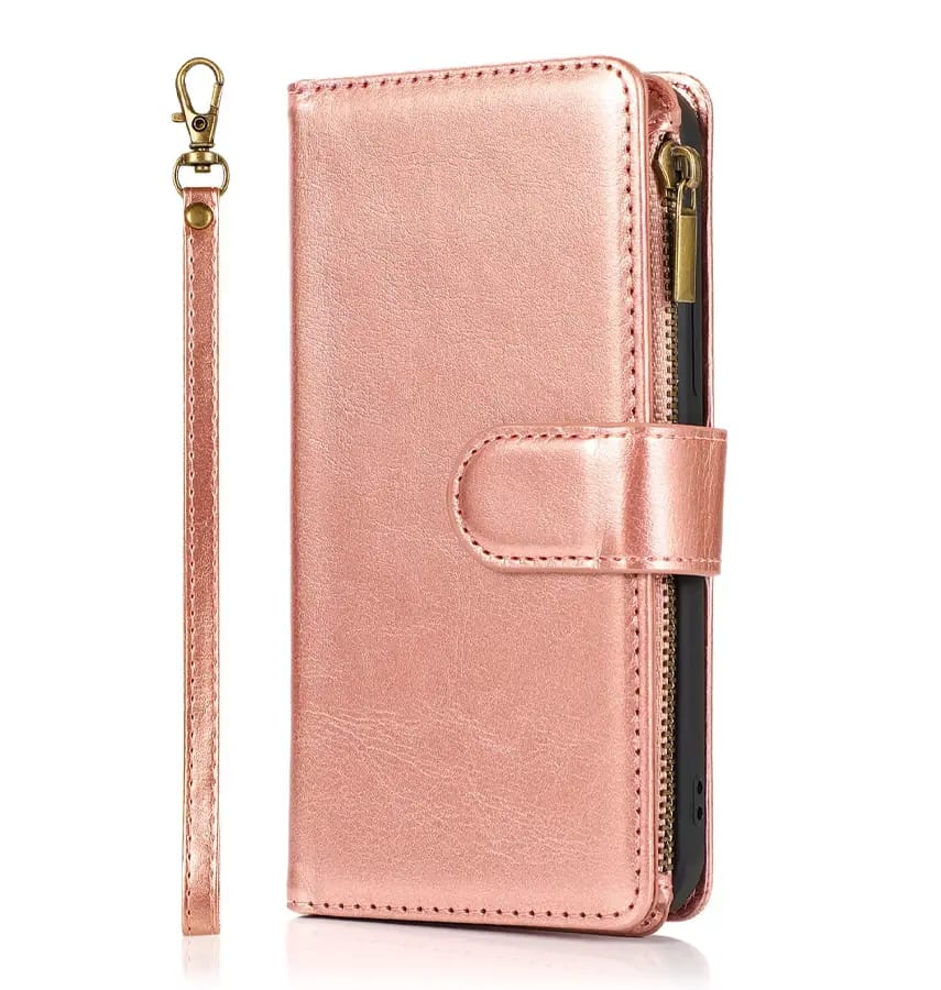 Rose Gold zipper wallet flip case for iPhone 13 Pro Max, stylish and secure closure.