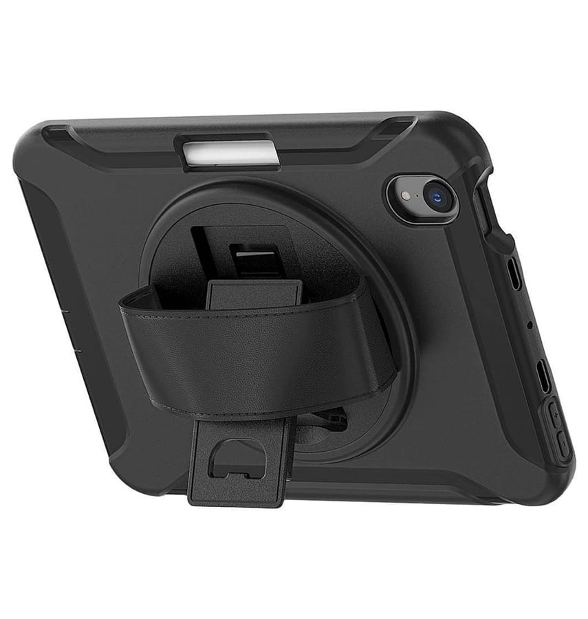 Black Survivor case with hand strap for iPad 10.2, secure and rugged design