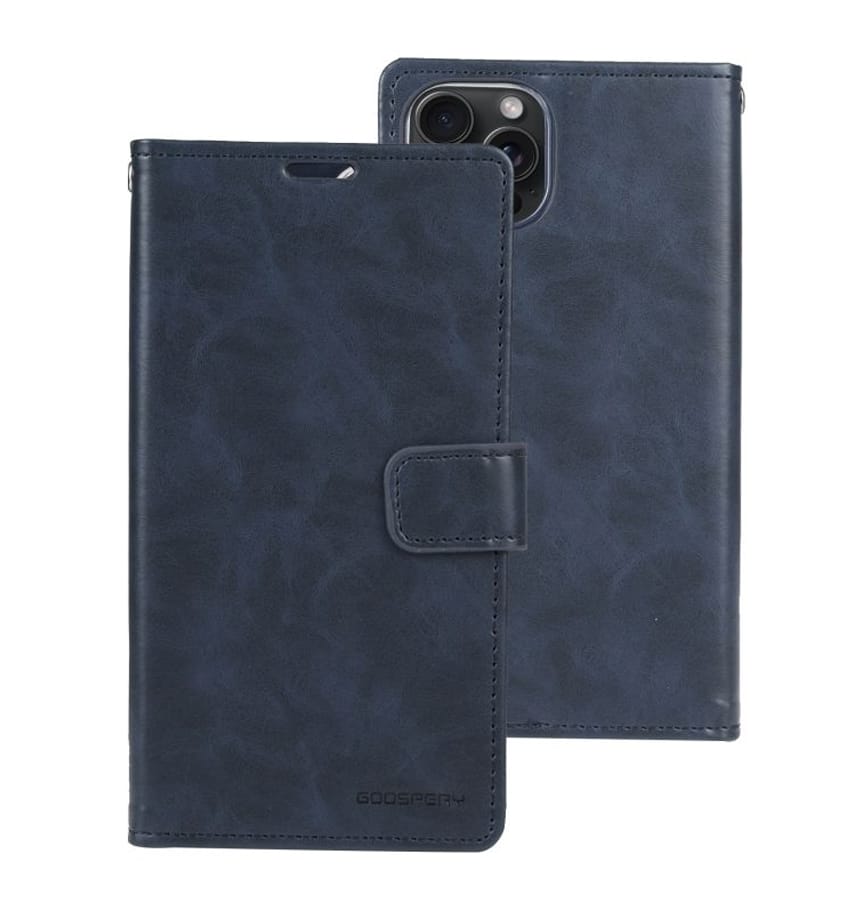 Navy Mercury Bluemoon Diary Flip Wallet Case for iPhone 15 Pro, sleek and durable