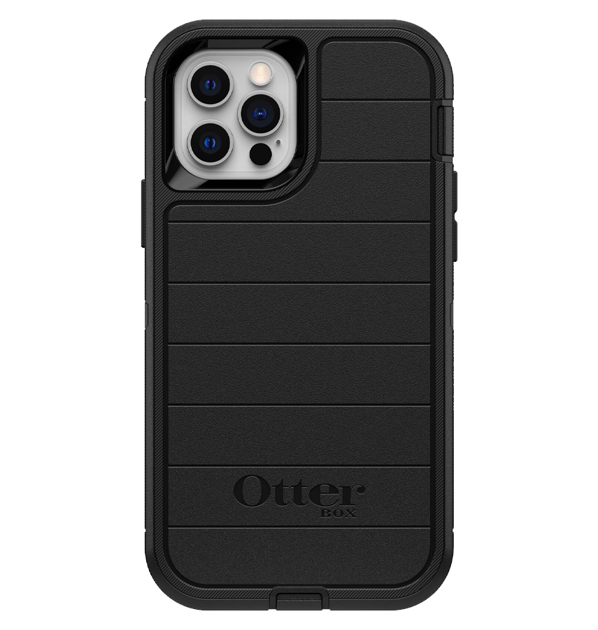 Black Otterbox Defender back cover for iPhone 12/12 Pro, tough and secure protection.