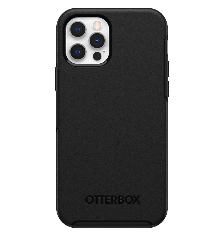 Black Otterbox Symmetry back cover for iPhone 12/12 Pro, rugged and reliable fit.