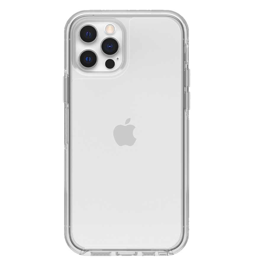 Clear Otterbox Symmetry back cover for iPhone 12/12 Pro, slim and durable design.