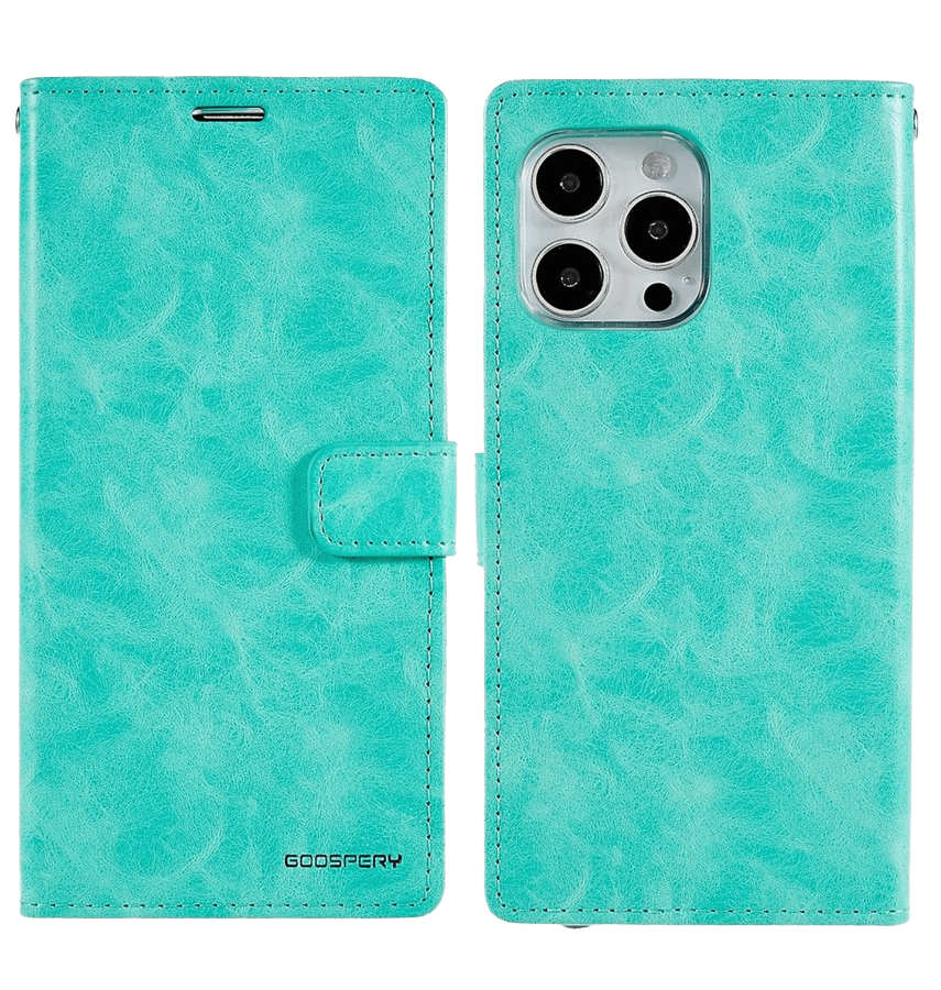 Mint Bluemoon flip wallet case for iPhone 14 Pro Max, stylish and secure