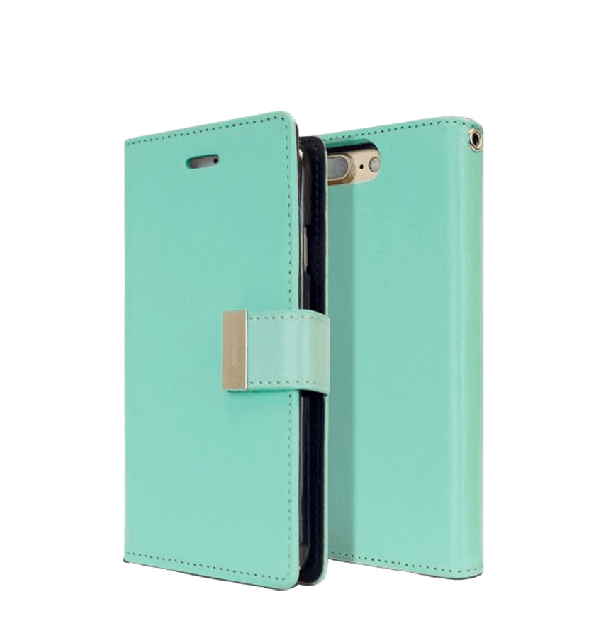 Mint/Navy Mercury Rich Diary Flip Wallet Case for iPhone 14 Pro, stylish and secure.